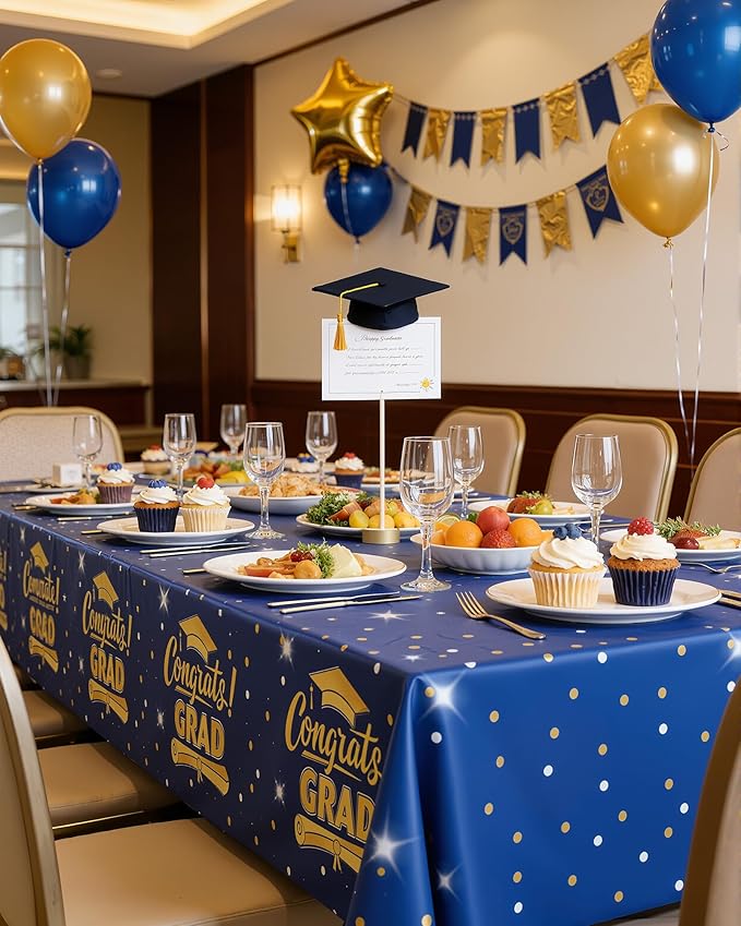 Graduation Blue Plastic Table Cloth - 4 Pack 54" × 108" Rectangle Disposable Tablecloths for 6FT Tables, Table Cover for Party, Holiday & Gathering Use