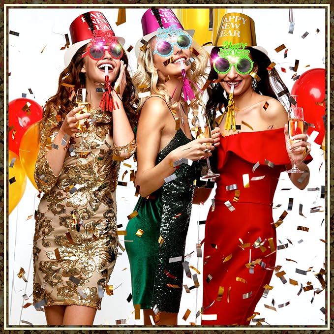 Shappy 36 Pieces New Year Eve Party Supplies 2026 Includes 12 Paper New Year Party Hats, 12 Colorful Glasses, 12 Colorful Blowers Noisemakers for 2026 Decorations Supplies