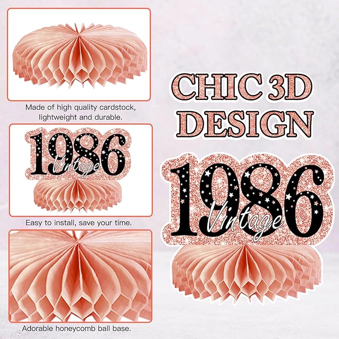 9Pcs 40th Birthday Decorations Honeycomb Centerpieces for Women, Rose Gold Pink Happy 40th Birthday Centerpieces Tables Toppers Party Decorations Supplies, Vintage 1986 Aged Table Sign Decor