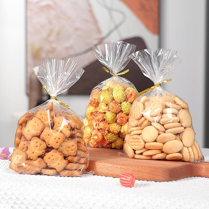 RICEDUO 100-Pack Cellophane Treat Bags with Twist Ties - 5x7 Inch Clear Party Favor Bags for Candy, Cookies, Birthday Goodies, Baby Showers & Holiday Gift Wrapping
