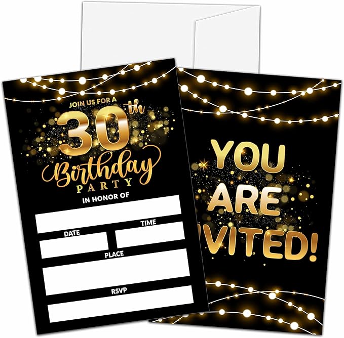 30th Birthday Invitations, Birthday Party Invitations For Women Men, 30 Year Old Birthday Invites, Black Gold Birthday Party Decorations Favors, 20 Invitations with 20 Envelopes - C07