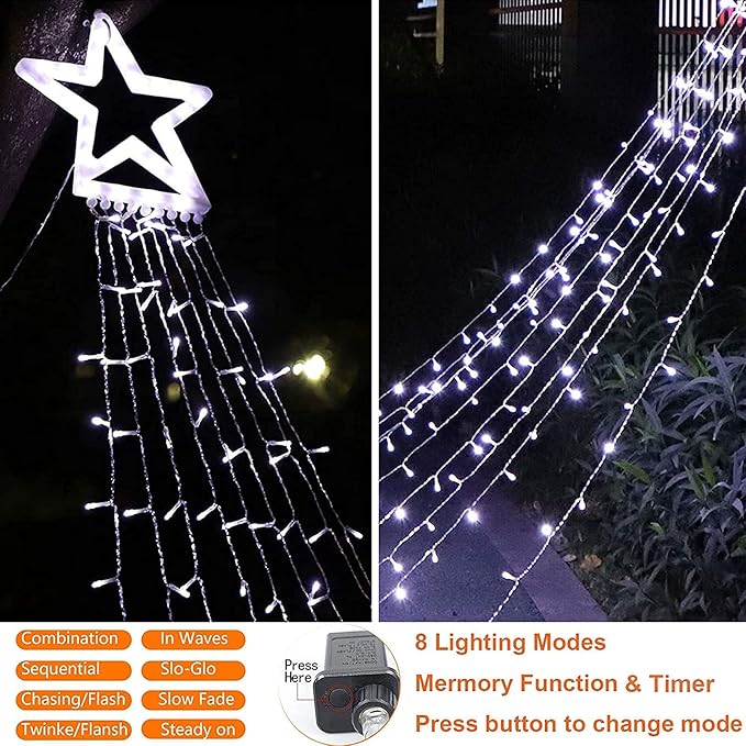 Christmas Decoration Lights, Outdoor Christmas String Lights 320 LED 11.5 Ft Waterfall Tree Light with Big Star Topper 8 Light Modes for Xmas New Year Holiday Garden Yard Indoor Outdoor Decor
