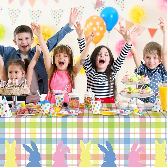 6Pcs Spring Easter Buffalo Plaid Checkered Tablecloth Decorations,Plastic Bunny Watercolor Pink Blue Yellow Green Pastel Disposable Table Cover for Spring Birthday Easter Party Supplies,54 x 108 Inch