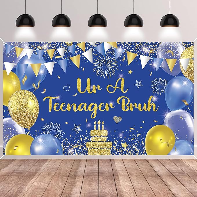 Blue Gold Ur A Teenager Bruh Banner Backdrop Photography Background Hanging 13th Happy Birthday Party Decoration for Bro I'm 13 Year Old Teen Bday Accessories Supplies 72.8 * 43.3in