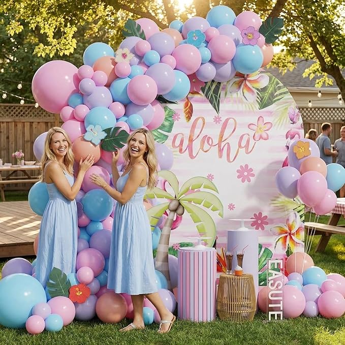 Moana Birthday Decorations Pink Purple and Blue Balloon Arch Kit with Summer Hibiscus Stickers for Tropical Hawaii Luau Tiki Magic Theme Party Supplies