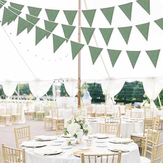 46Ft Sage Green Party Decorations Sage Green Burlap Banner Triangle Pennant Flag Linen Bunting Garland Streamers for Jungle Safari Birthday Wedding Golf Baby Shower Summer Dinosaur Party Decorations