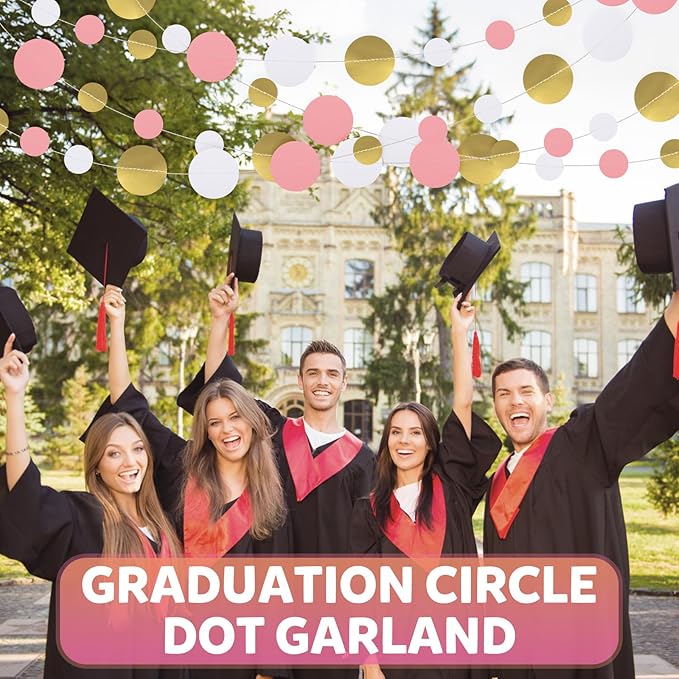 52FT Party Garlands, Paper Garland Circle Dots, Hanging Circle Banner Decorations for Birthday, Party, Wedding, Baby Shower, Graduations, Christmas, Wall Decor (Gold White Red Pink Garlands)