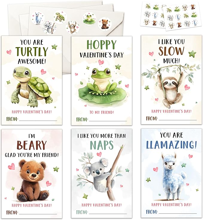 Pawzity 36 Packs Valentines Day Cards for Kids - Animal Valentines Day Card for Kids Classroom School, Boys, Girls, Toddlers - 6 Designs 3.2''x 4.7'' Animals Turtle, Frog, Sloth, Bear, Koala, Llama