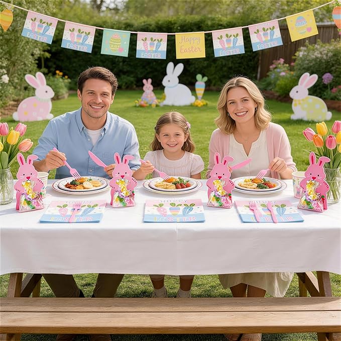 Mostop 160 Pcs Easter Tableware Set Party Supplies for 20 Guests Disposable Paper Plates, Cups, Napkins Forks Set Decorations for Easter Party Spring Holiday Picnics