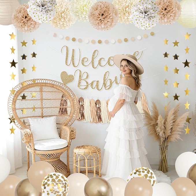 Amandir Baby Shower Decorations Neutral Beige Balloons Welcome Baby Banner, Cake Topper, Paper Lanterns, Pom Poms Flowers Tassels, Circle Dots Star Garland, Gender Reveal Boho Birthday Party Supplies
