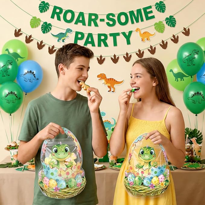 ReliThick 50 Pcs Dinosaur Goodie Bags with Handles, Sealed Plastic Dinosaur Party Favor Gift Bags Bulk Clear Window Dino Egg Candy Treat Pouch for Snack Birthday Baby Shower Decoration Supplies