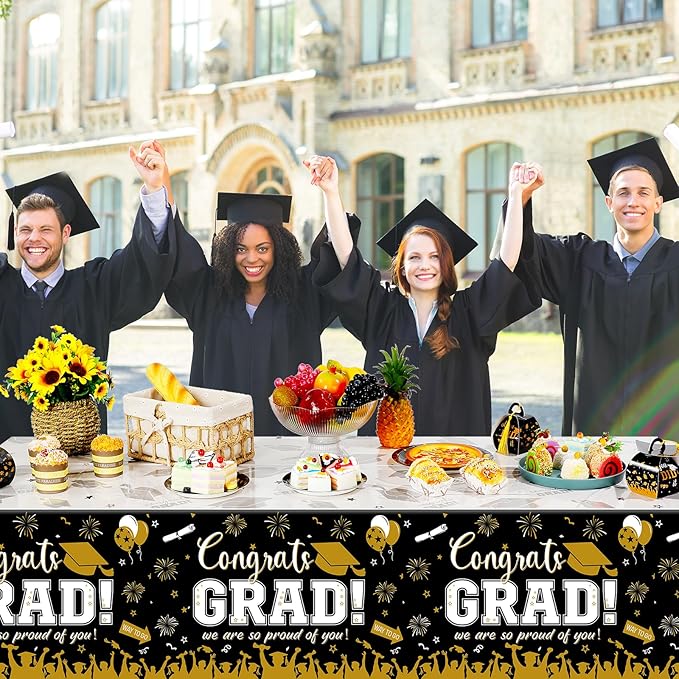 12Pack Graduation Tablecloth Party Decorations, Class of 2026 Congrats Grad Plastic Tablecover Party Supplies, Black and Gold Rectangle Graduation Table Decor for College High School Party, 54x108Inch