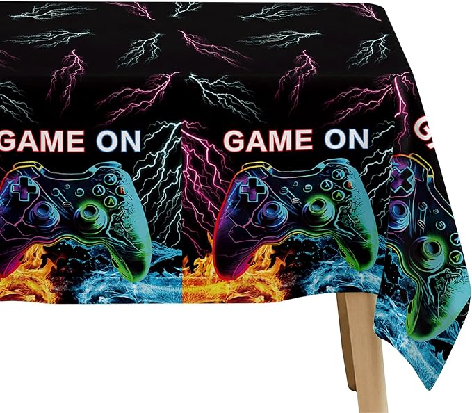 Video Game Party Decorations Tablecloth, 3Pcs Disposable Game On Birthday Party Tablecover Supplies, Gamer Gaming Level Up Birthday Table Cloth Decorations, 55in x 86in