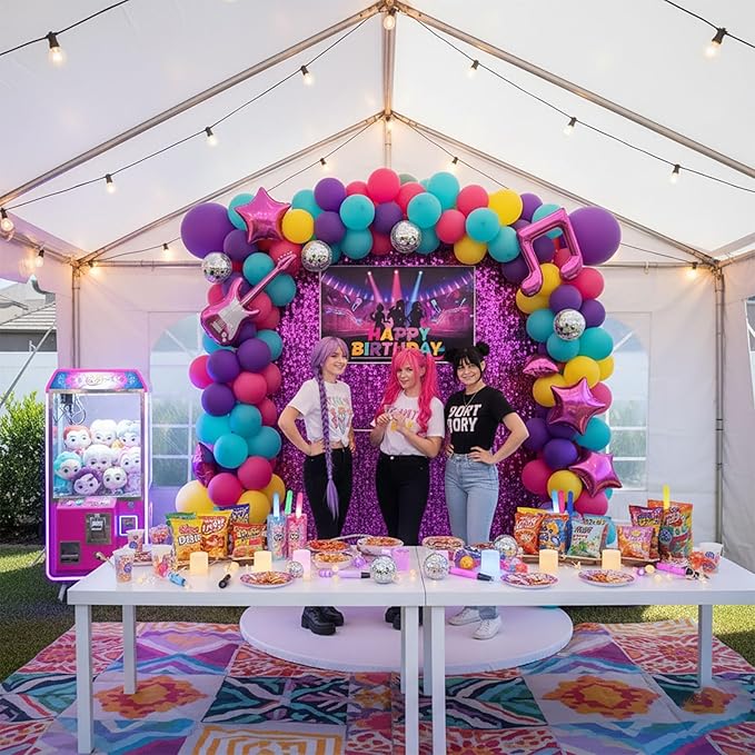 Purple hot pink Balloon Arch Garland Kit with backdrop Musical symbols Disco Star mylar balloons for kpop music Birthday Decorations Y2K Concert Movies Tv fans Prom Party Supplies