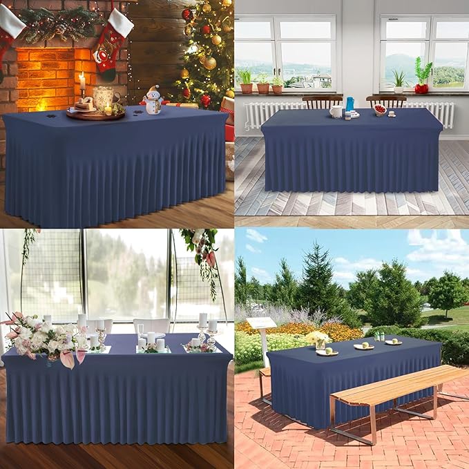 Table Skirt for 4 Foot Tables - One-Piece Navy Blue Tablecloths and Skirt, Wrinkle Resistant Ruffles Elastic Cover for Banquets, Weddings, Events, Parties