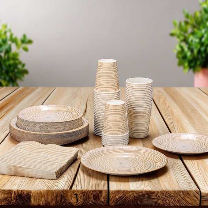 250 Pieces Rustic Wood Grain Party Tableware Set - Disposable Paper Plates, Cups & Napkins for 50 Guests - Lumberjack, Farmhouse, Camping, Forest Theme Birthday Decorations(Apricot)