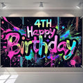 Neon 4th Birthday Party Banner 71x43 Inch Paint Splatter Walls Decor for Kids Boys Girls Four Years Celebration Photo Booth Dynamic Background Glow in The Dark Backgrounds