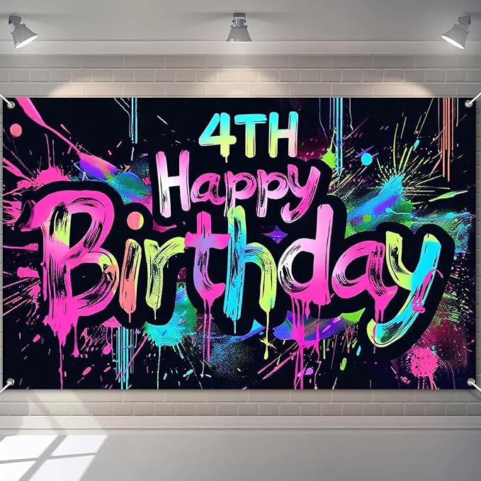 Neon 4th Birthday Party Banner 71x43 Inch Paint Splatter Walls Decor for Kids Boys Girls Four Years Celebration Photo Booth Dynamic Background Glow in The Dark Backgrounds