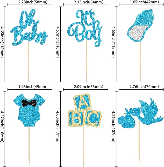 24Pcs Oh Baby Cupcake Toppers Blue Glitter It's a Boy Cupake Toppers with Swan Onesie Bottle Baby Shower Gender Reveal Cupcake Picks Decorations for Kids Boys Birthday Party Cake Decorations Supplies