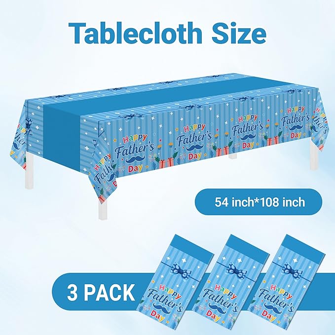 Childom 3 Pack Fathers Day Decorations,Fathers Day Tablecloth,54" x 108" Plastic Table Cloth Disposable,Rectangle Tablecloth for Home,Dinner,Family Parties,Blue Table Cloth for Birthday,Indoor,Outside