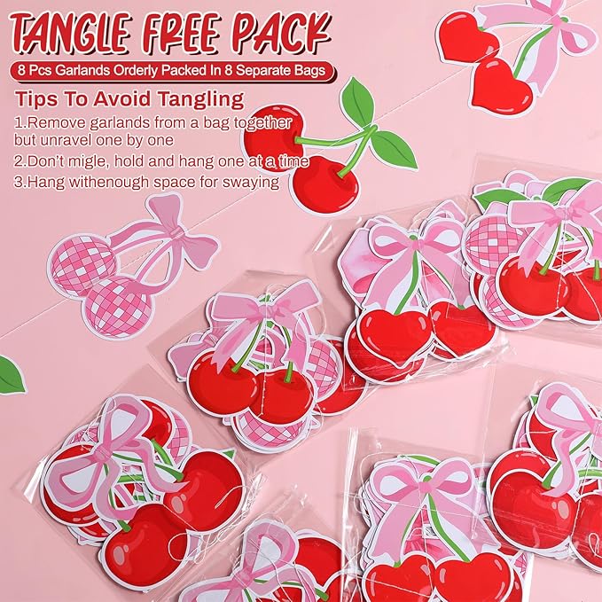 Xinnun Cherry Party Decorations Pink Bow Hanging Banners Garland Cherry Baby Shower Decorations Cutouts Ribbon Streamers for Berry Birthday Bridal Engagement Bachelorette Wedding Party Decor