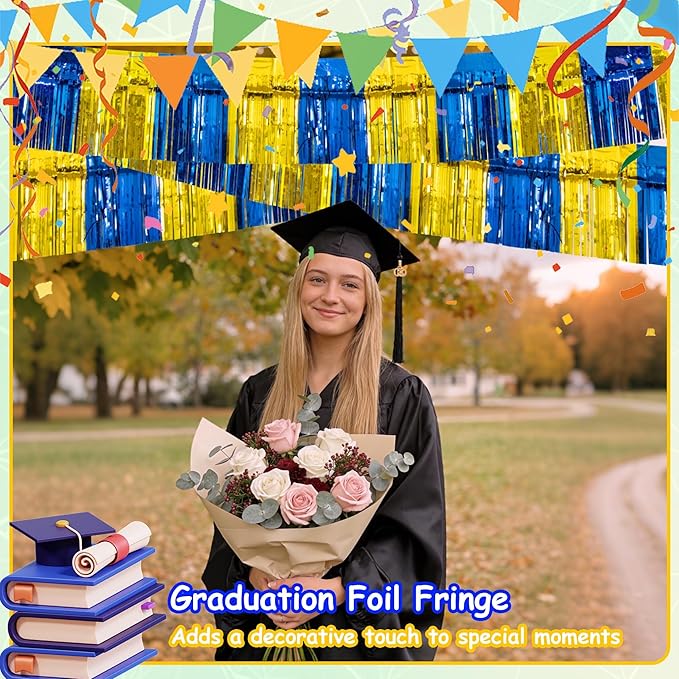 4 Pack 10 Feet Graduation Parade Floats Foil, Royal Blue Gold Fringe Garland Tinsel Streamers Banner Fringe Curtain Banner for Graduation Homecoming Birthday Party Decorations (Royal Blue, Gold)