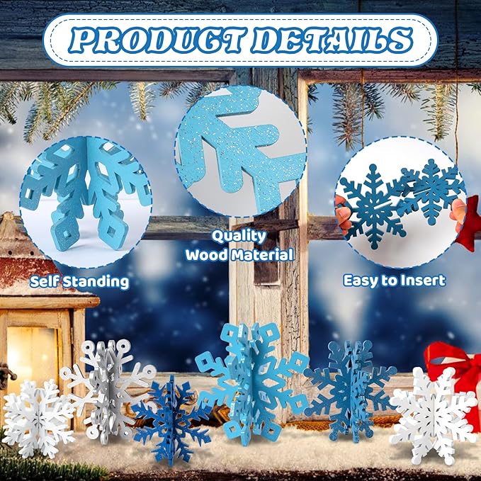 OuMuaMua 18 Sets Winter Christmas Centerpiece Table Decorations - 36pcs Wooden Snowflakes Decor 3D White Blue Snowflake Tabletop Decor for Xmas Holiday Tiered Tray Winter Farmhouse Home Decor