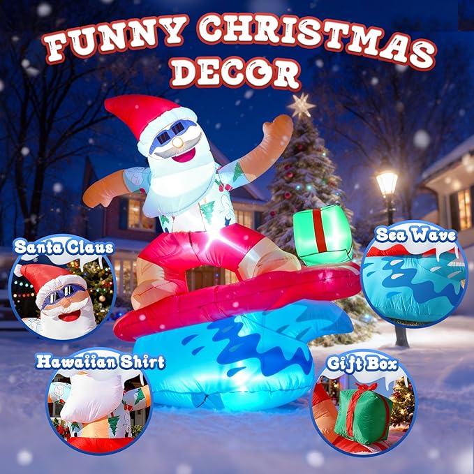 JOYHALO 6FT Surfing Santa Inflatable with Lights, Tropical Style Christmas Inflatables for Hawaiian Christmas Decorations,Christmas Blow Up for Yard Garden Lawn Holiday Party Decor