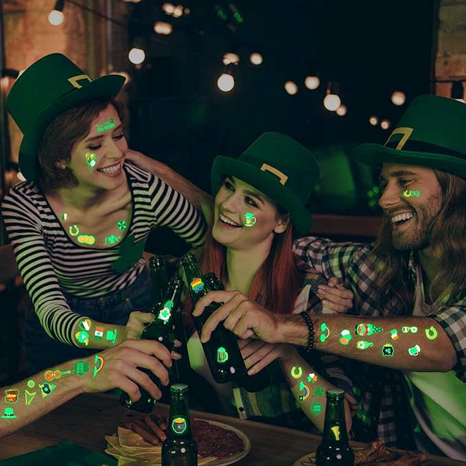 99 Pcs St Patricks Day Tattoos, 12 Sheet Luminous St Pattys Tattoos Saint Clover Accessories Temporary Tattoos Glow in the Dark Irish Shamrocks Decorations for Home Saint Patricks Gifts