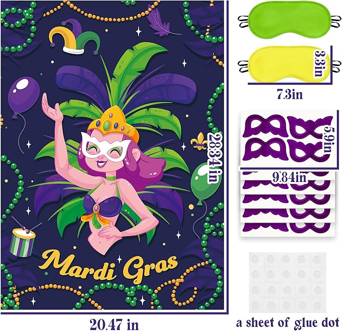 Mardi Gras Pin the Mask On the Dancer Party Game Large Poster with 24 Pcs Stickers Blindfolds Fun Masquerade Activity for Fat Tuesday New Orleans Carnival Birthday Party Decorations Wall Decor