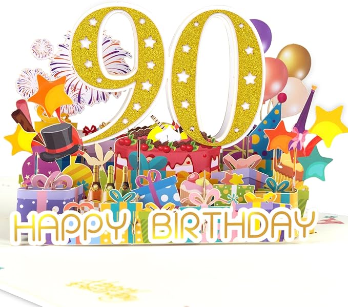 90 Years 0ld Firework Pop Up Happy Birthday Greeting Card, ideal love Gift for Adult and Kid with Blank Note & Envelope, Foldable Celebration for Daughter, Son, Mom, Dad, Friend, Children