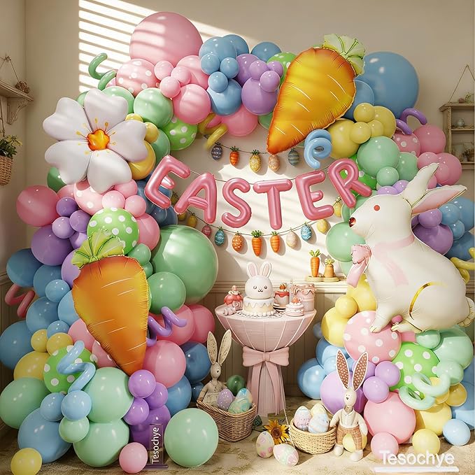 Easter Balloon Garlan Arch Kit with Bunny, Carrot, Daisy Foil Balloons,Pastel Balloon Garland Kit,Dot Printed Balloons for Easter Party Decorations Spring Birthday Decorations