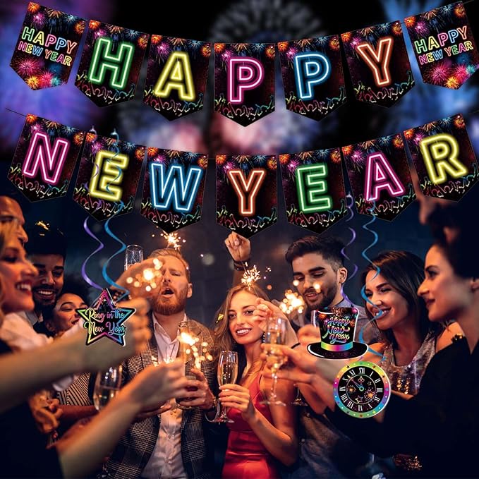 Happy New Year Decorations 2026 Colorful Happy New Year Banner & Ceiling Hanging Swirls Perfect for New Years Eve Party Supplies 2026