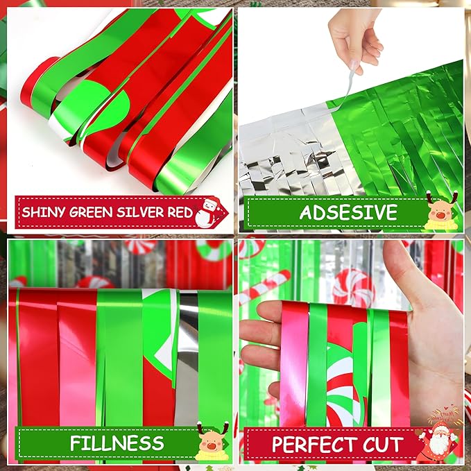 Christmas Party Decorations Candy Cane Foil Fringe Curtains, 2Pcs Red Silver Green Christmas Backdrop Photo Booth Prop Streamers for Ugly Sweater Party, 3.3x6.6Ft