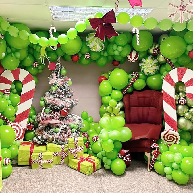 Christmas Balloon Garland Kit 143 Pcs Lime Green Dark Green Red Gold Balloons Arch with Candy Canes Foil Balloon Explosion Star Balloons for Xmas Ugly Sweater Friendsmas Birthday Party Decor