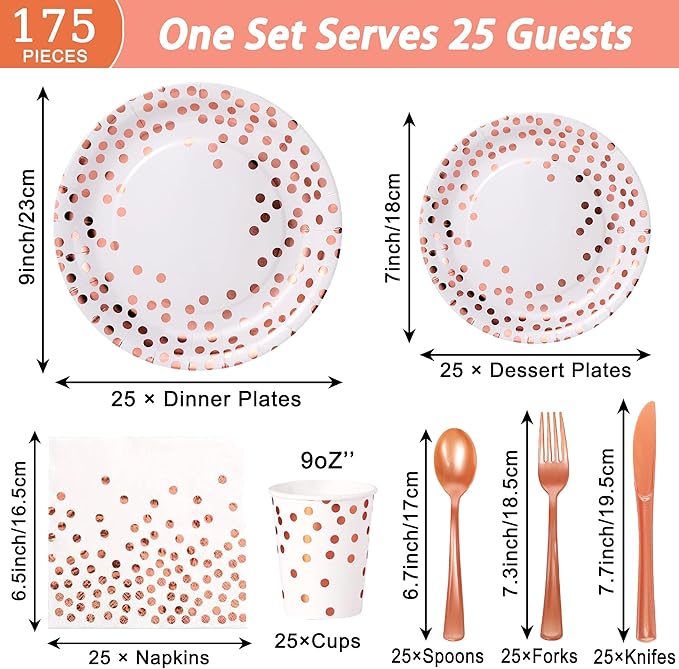 White and Rose Gold Party Supplies, 175 Pcs Disposable Dinnerware Set Serves 25 White Rose Golden Dot Plates Cups and Napkins Gold Plastic Forks Knives Spoons Party Supplies for Birthday Wedding