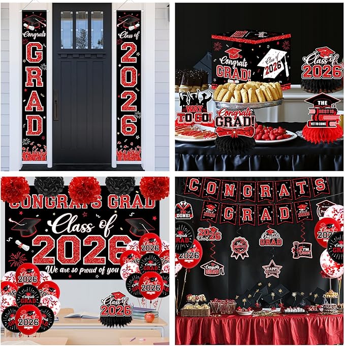 Graduation Decorations Class of 2026,Red Graduation Party Supplies- Congrats Grad Decorations Banner ＆ Hanging Swirls,Graduation Card Box,Paper Pompoms,Balloons,Porch Sign for College Grad Party