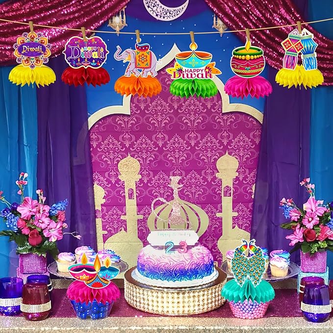 JULMELON 8PCS Diwali Party Decorations Honeycomb Centerpiece, 3D Double Sided Happy Diwali Centerpiece Table Decorations Table Toppers for Home Indian Diwali Festival of Lights Party Favors Supplies