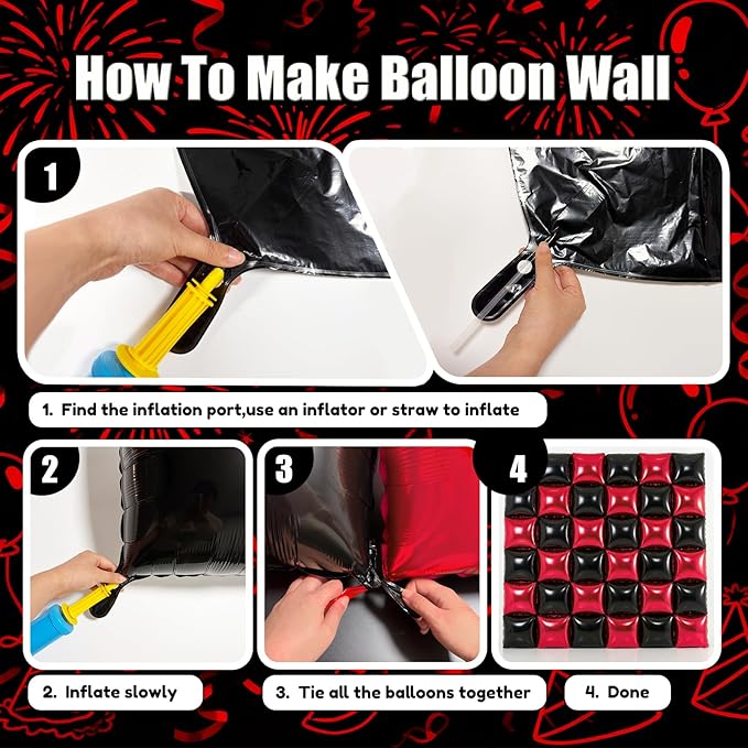 36PCS Square Foil Balloon Wall Backdrop,19 inch Double-Sided Metallic Balloons for Party,Wedding,Anniversary,Birthday,Graduation,Halloween,Shiny Balloon Decor (Black&Red)