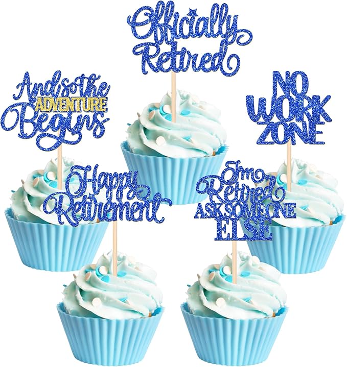30 PCS Happy Retirement Cupcake Toppers Officially Retired Cake Toppers No Work Zone Adventure Begins Cupcake Picks for Retirement Theme Farewell Birthday Party Decorations Supplies Dark Blue