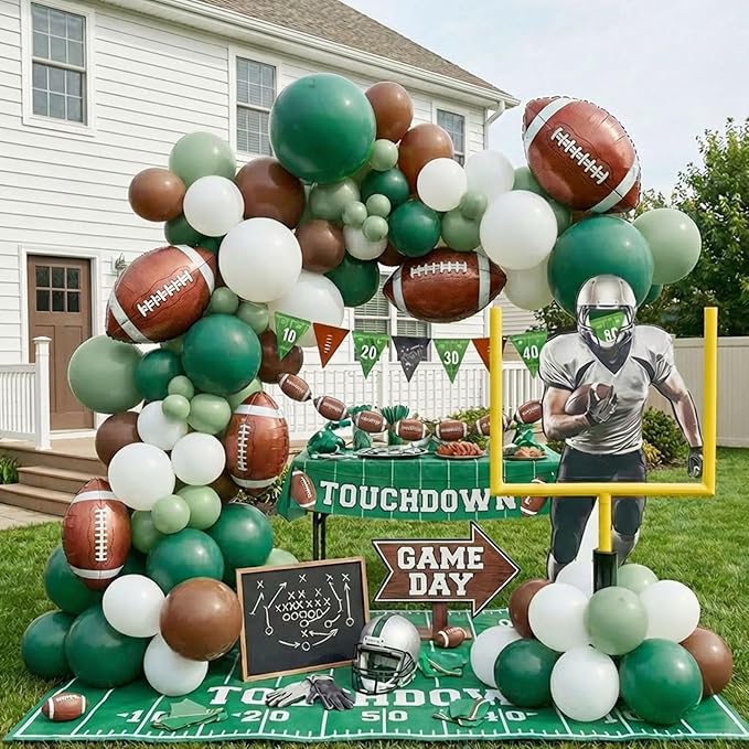Football Party Decorations Kit 120PCS sage Green brown White Balloon Garland Arch with Football Banner Mylar Balloons for Sports Birthday Boys first year touch down party decorations