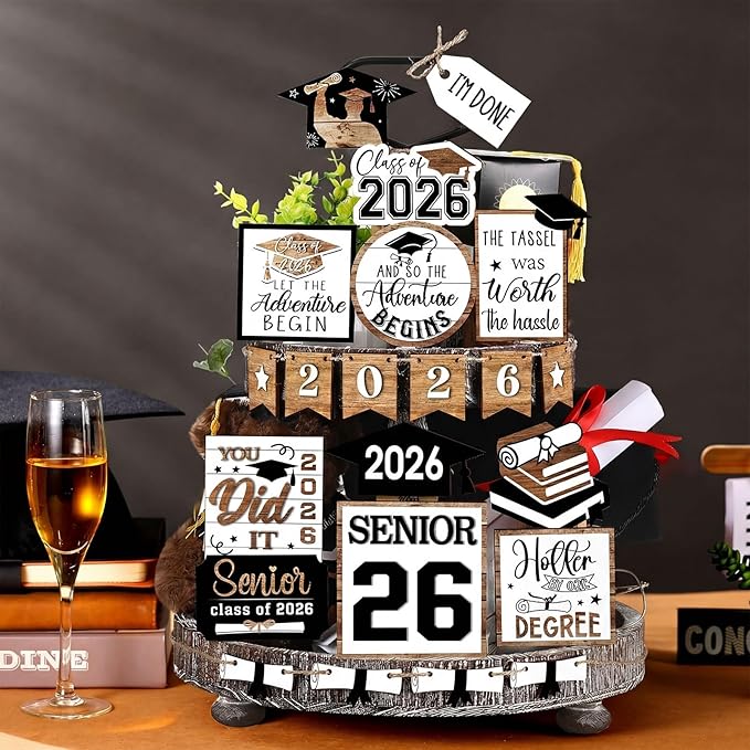 22 Pcs 2026 Graduation Tiered Tray Decor Sets Wooden Graduation Class of 2026 Table Decorations Senior 2026 Gown Diploma Farmhouse Signs for Home Shelf Party Office Desk(Black, White)