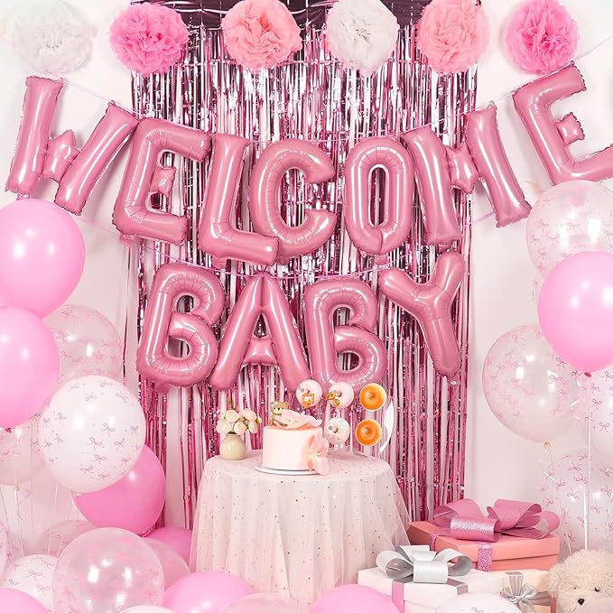 Pink Baby Shower Decorations for Girl,Welcome Baby Balloon Banner with Coquette Pink White Bow Balloons Fringe Curtains Paper Pom Poms for Baby Shower Gender Reveal Party Supplies