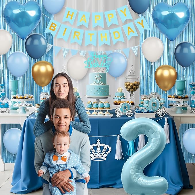 2nd Birthday Decorations Blue White Gold, 25pcs Balloons, Banner, Fringe Curtain, Heart Foil Balloons, Cake Topper, Boys Girls 2 Year Old Birthday Decor