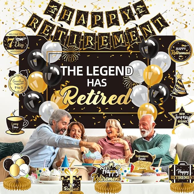 Happy Retirement Party Decorations Men Women, Black and Gold Retirement Party Decorations, Happy Banner, Backdrop, Hanging Swirls, Honeycomb Centerpiece