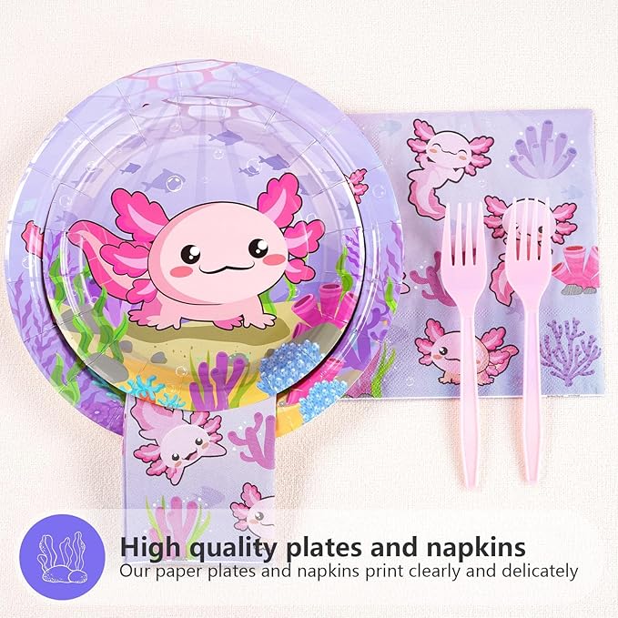 96Pcs Axolotl Birthday Party Supplies Pink Cartoon Axolotl Party Plates and Napkins Tableware Sets Reptile Animals Axolotl Party Decorations for Kids Girls Baby Shower Party Favors, Serves 24