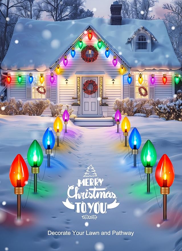 Brightown Jumbo C9 Christmas Pathway Lights Outdoor - 8.5 Feet 5 LED C9 Walkway Lights, Multicolor Bulb Holiday Pathway Light with Marker Stakes, Christmas Light Outdoor Decorations for Lawn Yard
