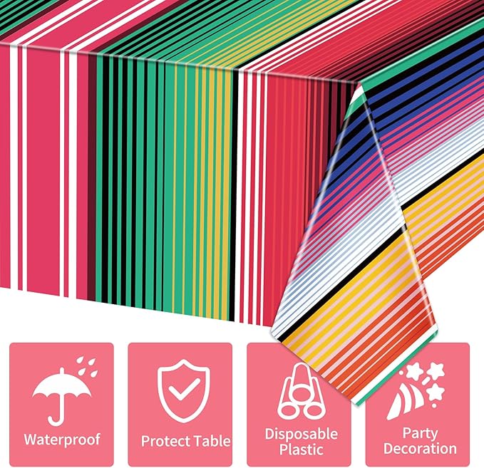 Hxezoc 3 Pack Disposable Plastic Mexican Serape Tablecloths, 54 x 108 Inch Mexican Striped Party Table Cover for Mexican Wedding Birthday Party Decorations Outdoor Indoor Party Supplies
