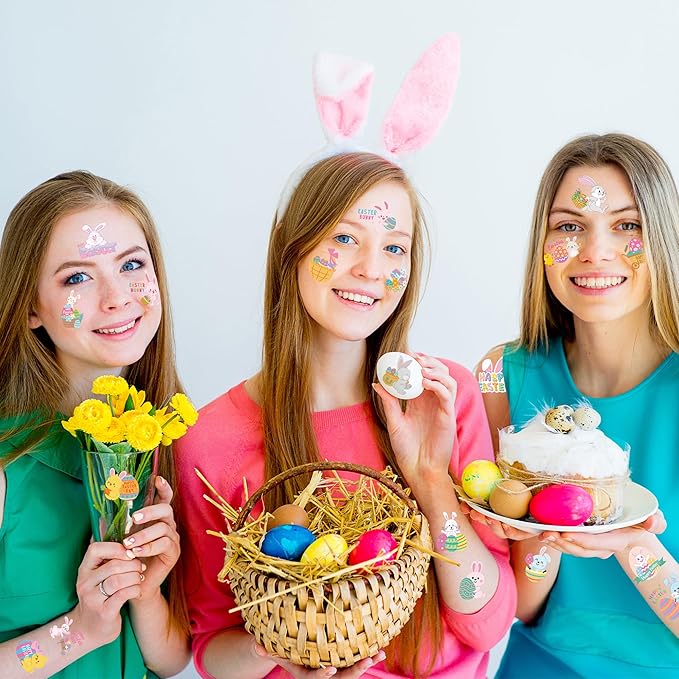 150 PCS Easter Tattoos, 6 Sheets Spring Basket Stuffers Fake Tattoos with Bunny Egg, Cute Individually Stickers for Easter Basket Filler Party Favors Accessories