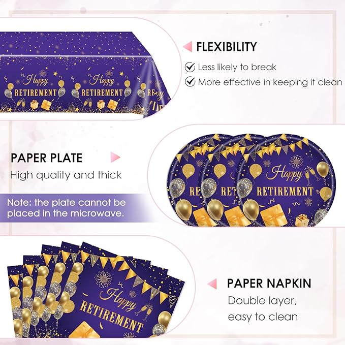 41PCS Retirement Party decorations Purple and Gold Disposable Tablerware Decoration Favors Including Paper Plates Napkins and Tablecloth Set for Women Retirement Table Decorations Party Supplies